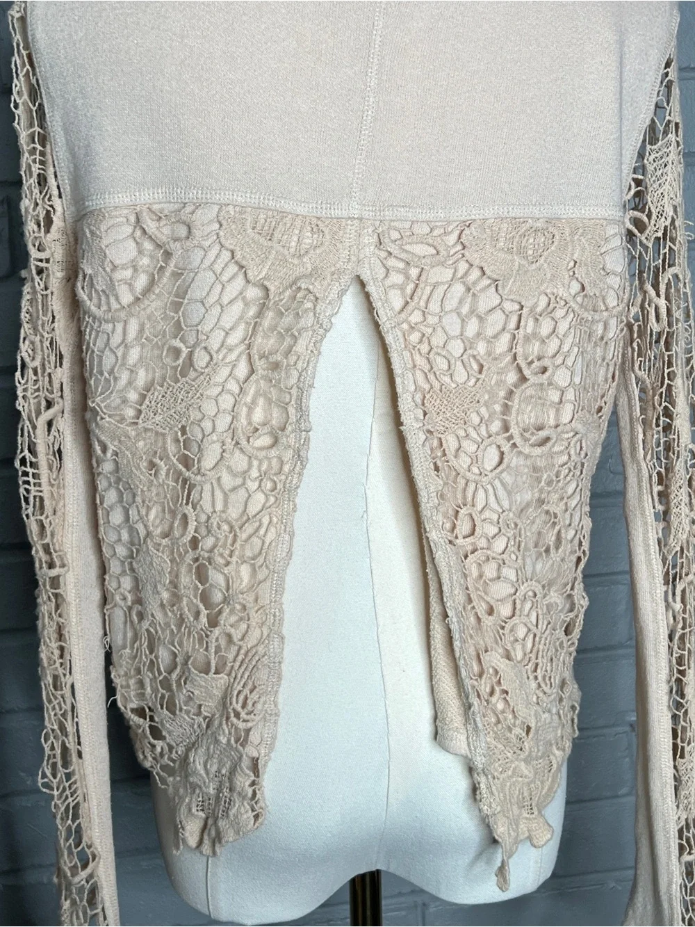 Free People Pretty Rad Champagne Crochet Open Back Lace Long-Sleeve Top - XS